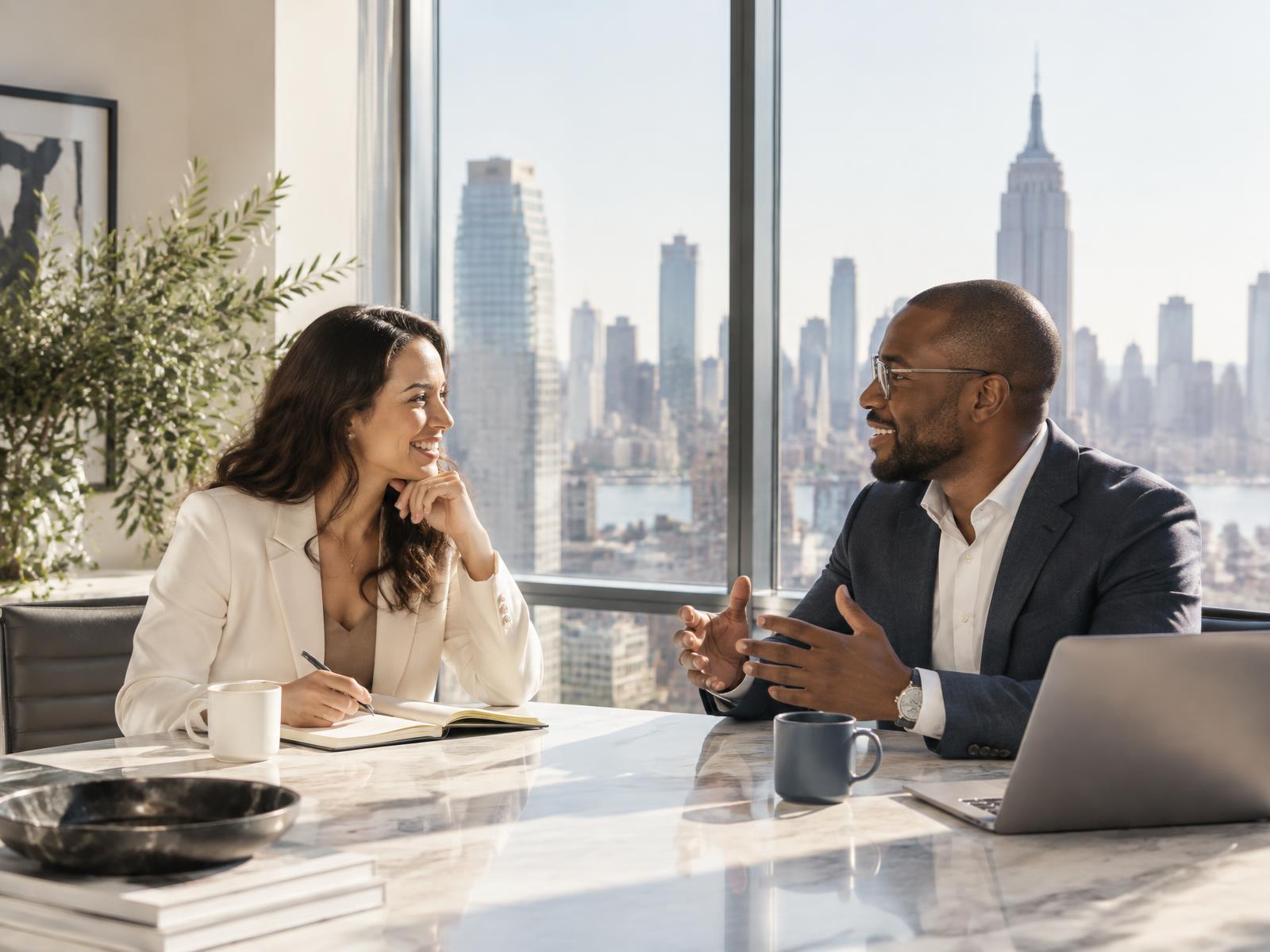 Business leaders discussing a new project in a bright New York office