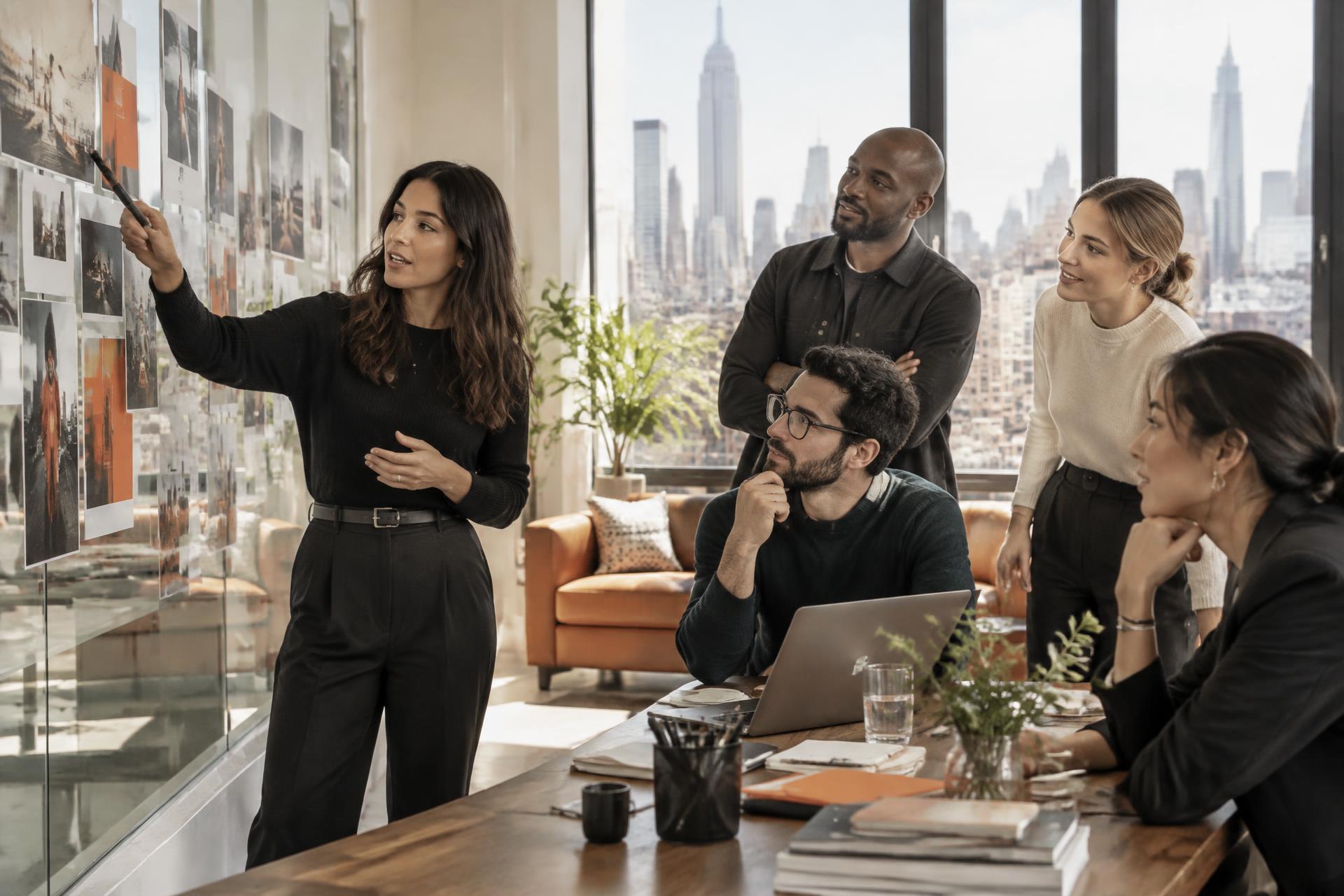A diverse strategy team presenting campaign concepts in a New York studio